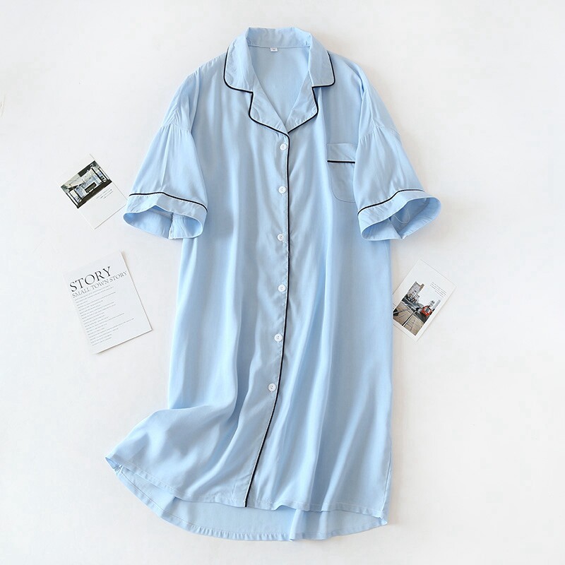 Sleeping Skirt Woman Summer Thinker Cotton Cotton Silk Short Sleeve Mid-Length Version Home Skirt Summer Loose Artificial Cotton Home Clothing