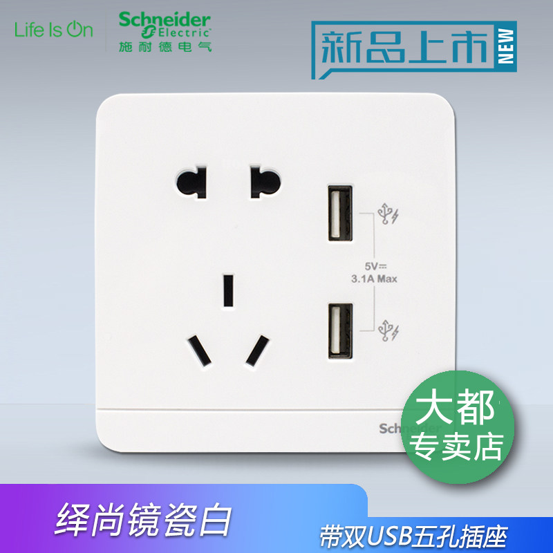 Schneider Yishang Mirror Porcelain Leucorrhea Dual USB Five-hole Socket 3 1A ipad Mobile Phone Charging Socket