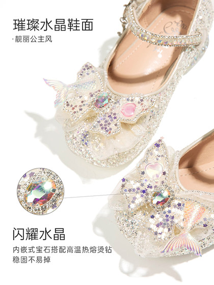 女童公主鞋2025新款春秋软底真皮水晶鞋儿童高跟鞋配礼服女孩单鞋