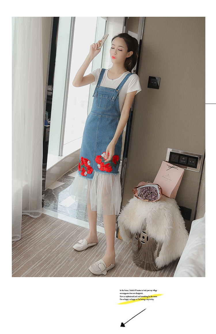 VK旗艦店 韓系玫瑰刺繡牛仔拼接網紗背帶長版無袖洋裝