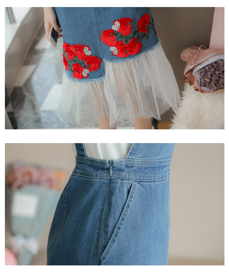 VK旗艦店 韓系玫瑰刺繡牛仔拼接網紗背帶長版無袖洋裝
