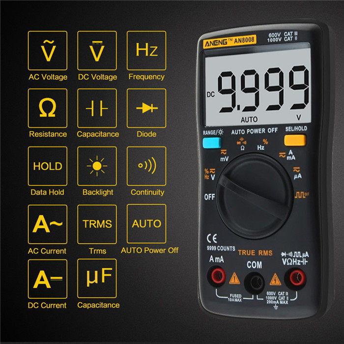 ANENG AN8008 Multimeter Display 9999 Count Backlight AC DC Current Meter Portable Meter
