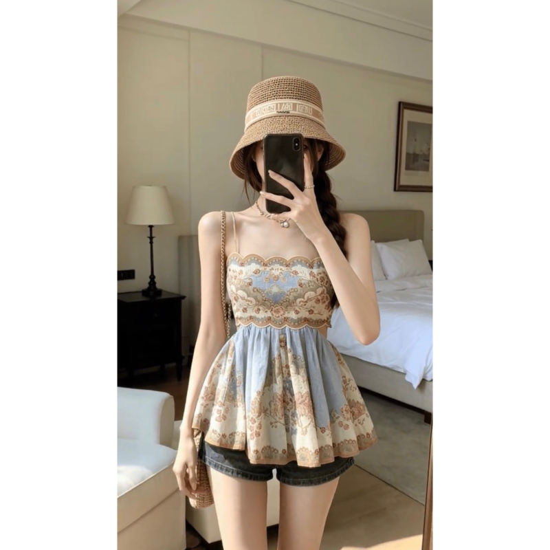Chiang Mai Rainy Season, Stunning Vacation Style, Heavy-Duty Camisole Top, Oil Painting Print Long Skirt, Atmospheric Dress, Summer