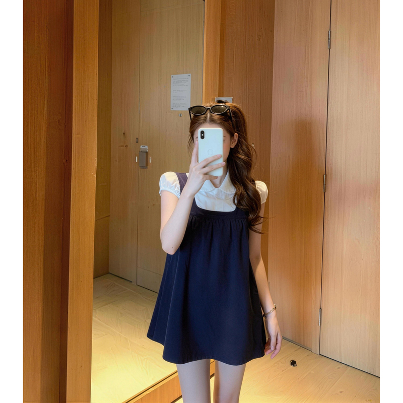 Super Fresh Idol Style Sweet Color-Blocking Peter Pan Collar Double-Breasted Shirt with Doll Collar, Faux Two-Piece Age-Reducing Dress