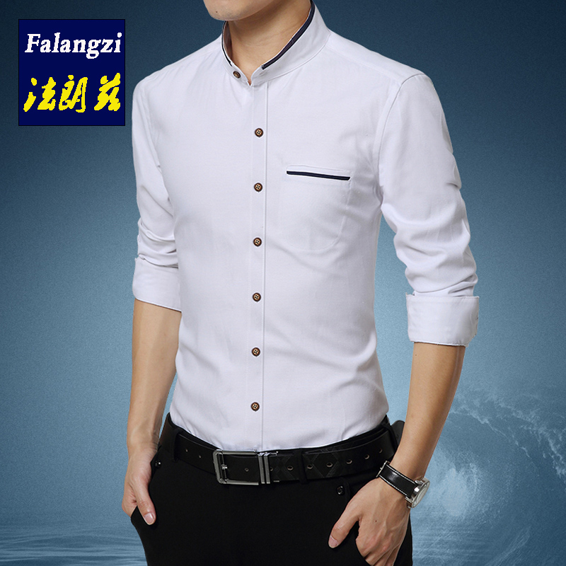 Standing Collar Shirt Male long sleeve fit Korean version Business casual white shirt youth handsome vocational overalls chubby inch shirt-Taobao