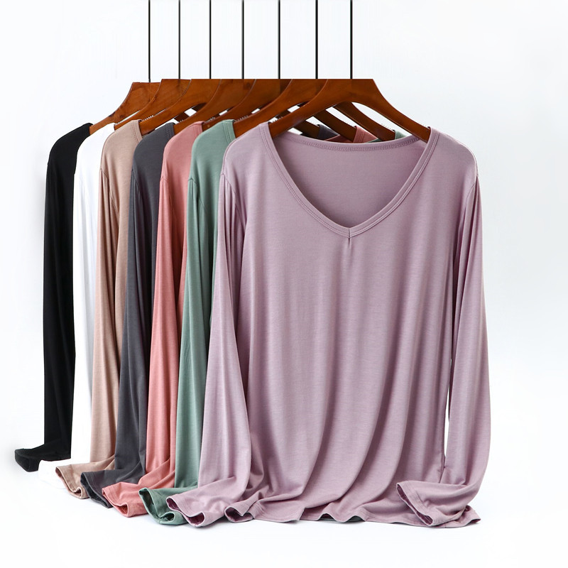 V-Neck Modal Long-Sleeve T-Shirt for Women, Thin Autumn and Winter Base Layer, Loose-Fitting Undershirt, Versatile Solid Color Plus-Size Top