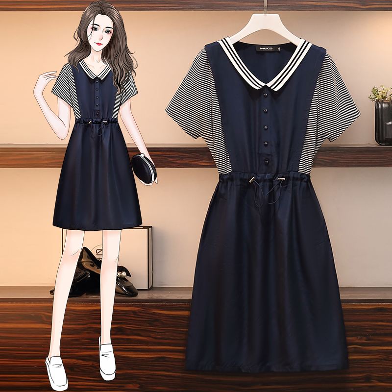 High-end large size women's clothing fat mm 200 catties summer new age-reducing age-reducing belly, waist and thin stitching short-sleeved dress