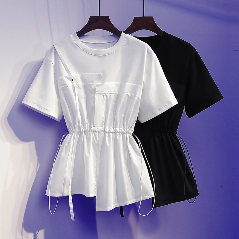 High end large size women's dress 2022 Summer display slim loose collection waist short sleeves T-shirt Fat sister foreign pie Belly Blouse