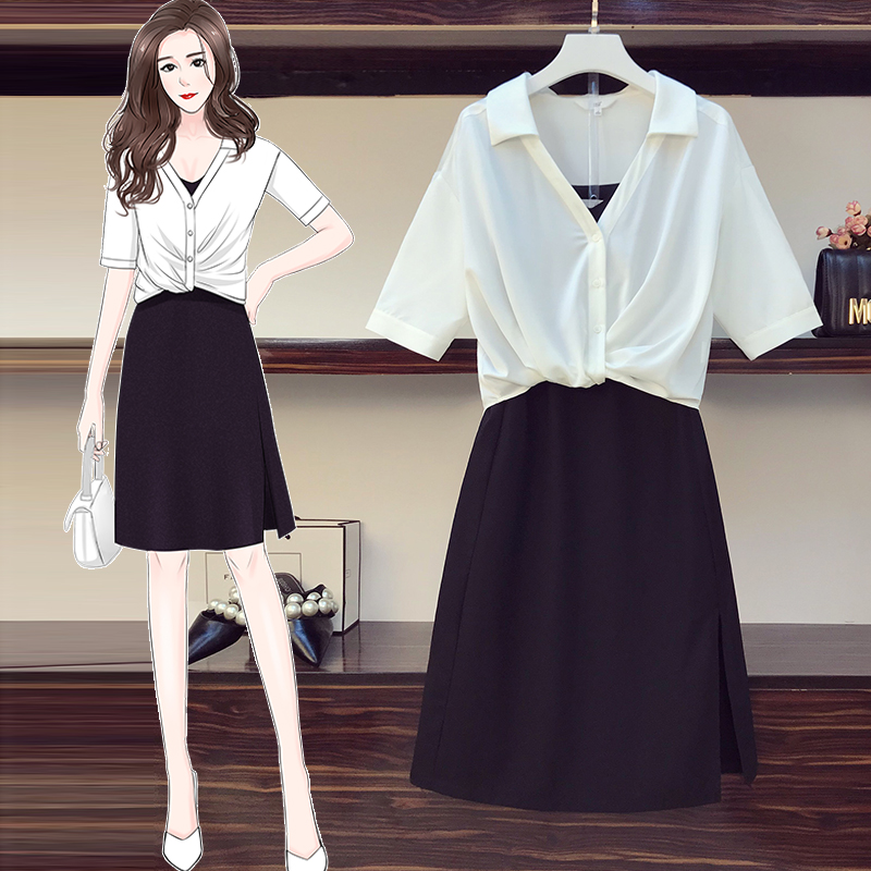 High end large size women's dress 2022 Summer new fat sister shirt with slim temperament two sets of snowspun foreign dress