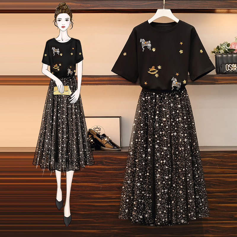 Large size women's clothing 2022 summer new fat sister slim age - reduced fashionable pie dress two piece suit