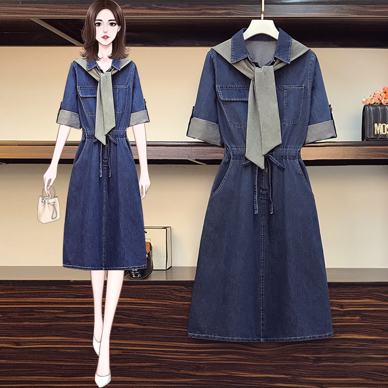 High-end plus-size women's clothing 2022 spring and summer new fat sister waist slimming French Hepburn style denim skirt dress