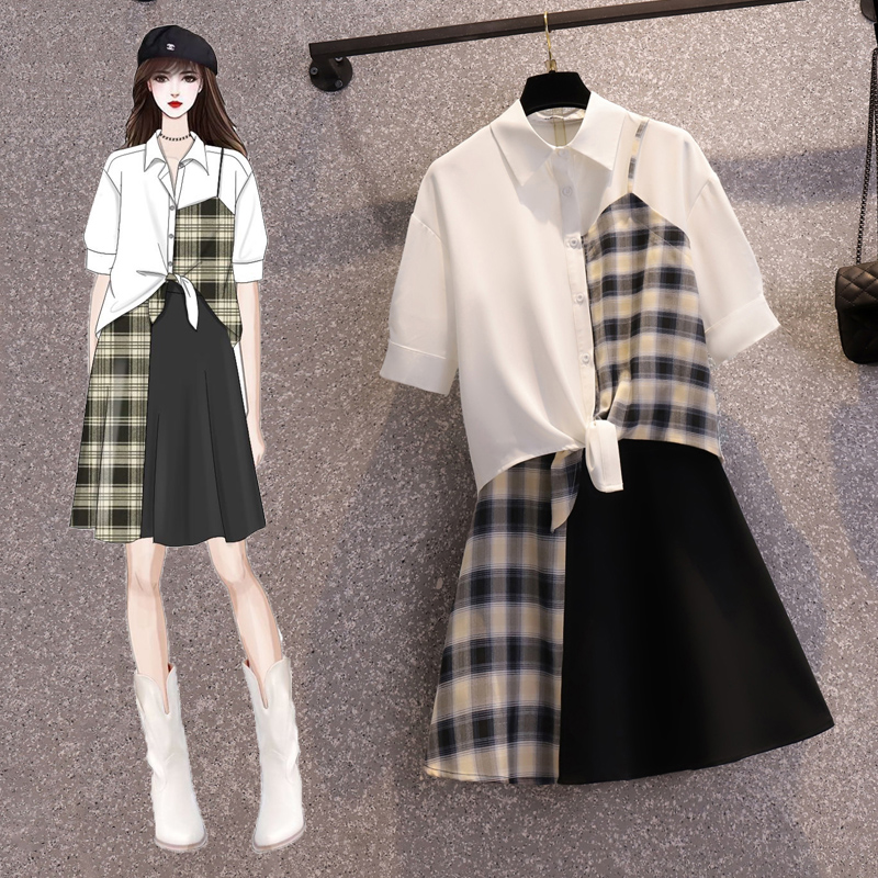 High end large size women's dress 2022 Summer new fat sister Minus Age Shirt Display Slim a character plaid half body dress suit