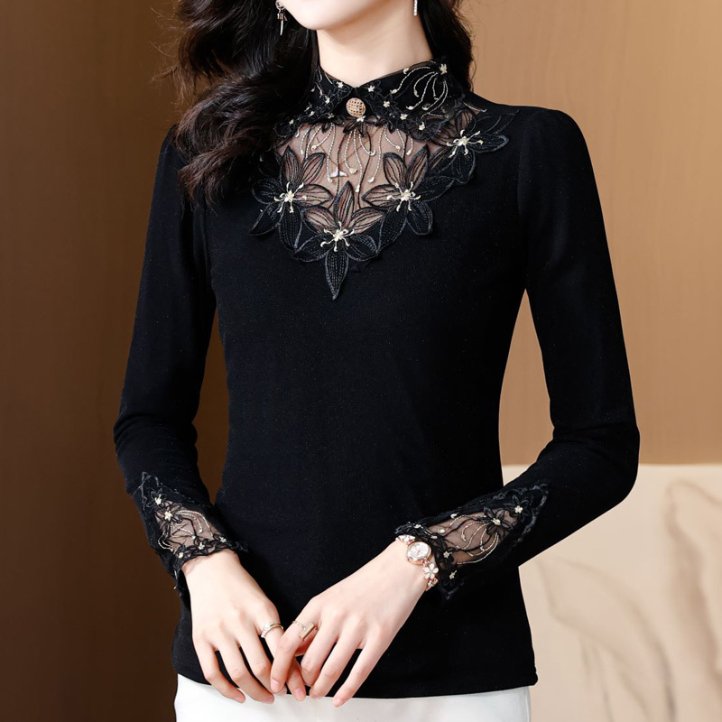 Lace Base Shirt for Women, New Autumn and Winter Style, Fashionable and Stylish, Black Mesh Inner Layer, Elegant and High-End Doll Collar Top
