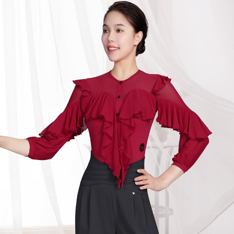 2022 new dancing clothes connected with juncture red exercise clothing lotus leaf edge dance top Latin dance teacher service