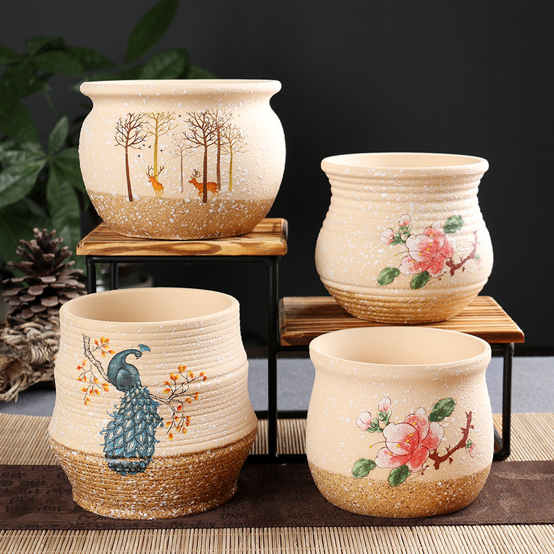 Ceramic Creativity Han Style Breathable Multi-Meat Thumb Basin Vintage Cute Yellow Bottom Snowflake Glaze Flower Pot with full 10