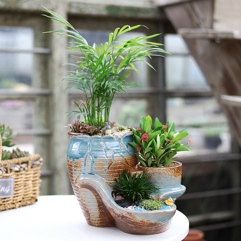 Singular High Green Plant Multi-Meat Flower Pot Retro Black Porous Ceramics Brief Large Fields Garden Composition Creative Round