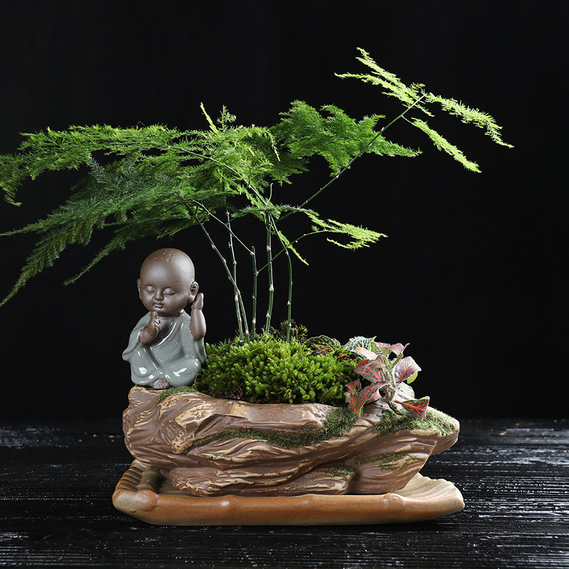 Moss imitation stone small monk multi-meat flowerpot coarse ceramic Zen Chinese style high classical with tray bamboo plant