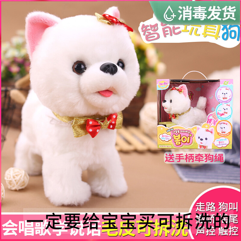 Plush electric toy puppy will learn to speak and sing walking dog called male and female rumbling sound toy holding rope emulation dog