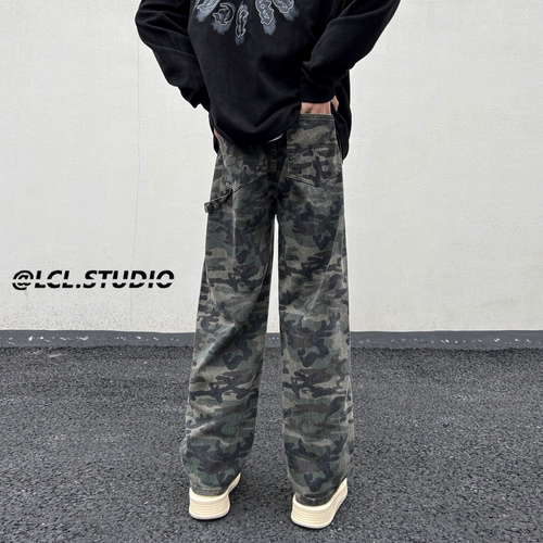 Камуфляжные штаны, свободный прямой крой, изысканный стиль, европейский стиль, большой размер