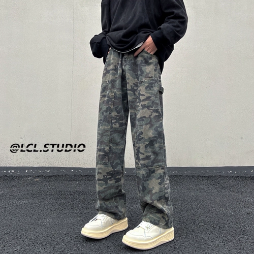 Камуфляжные штаны, свободный прямой крой, изысканный стиль, европейский стиль, большой размер