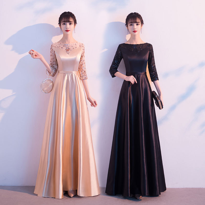 Acetate Satin Black Choir Performance Dress Host Gown Women's Poetry Recitation Performance Costume Long Dress 2026 Elegant