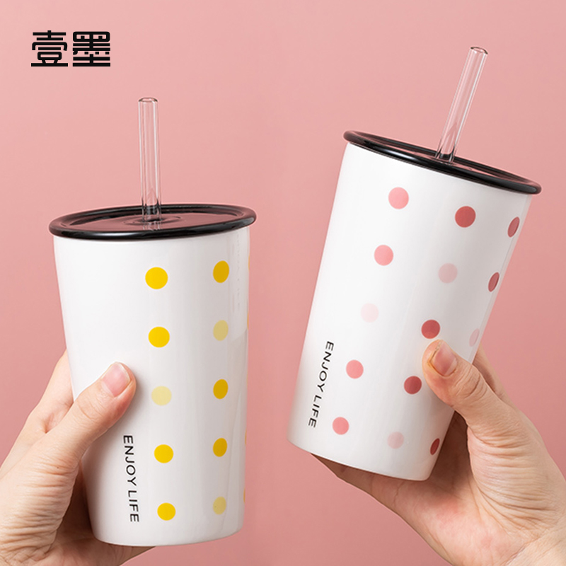 One ink with straw water glass Children adult grown-up glass student Heart ins wind cute and high face value online red