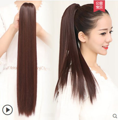 Wig ponytail woman long straight hair claw clip in length straight horse tail braid natural realistic grip clip type roll pick up hair
