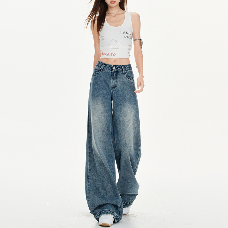 American Retro Washed Blue Wide-Leg Jeans for Women, Spring 2026 New Low-Waist Loose Slimming Straight-Leg Floor-Length Pants