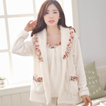 Autumn and winter coral velvet pajamas womens winter three-piece Winter thickened new can wear suit flannel home wear suit
