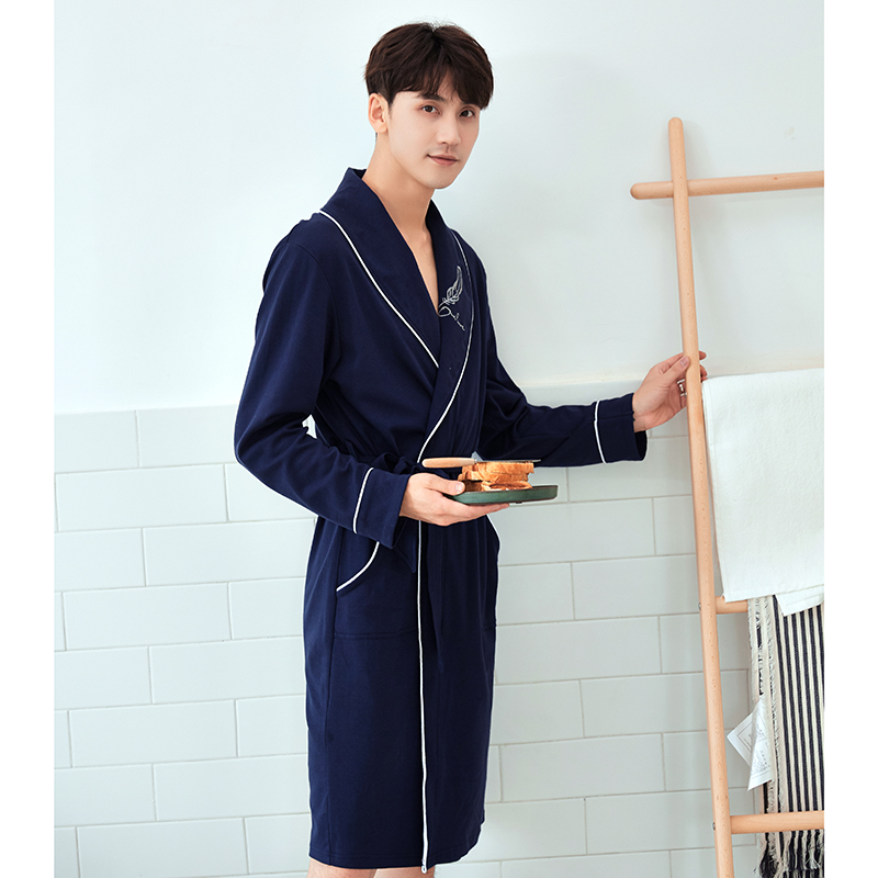 Men Sleeping Robes Summer Pure Cotton Spring Autumn Day Department Long Version Bath Bathrobe Men's Water Suction Speed Dry Personality Tide Card Pyjamas