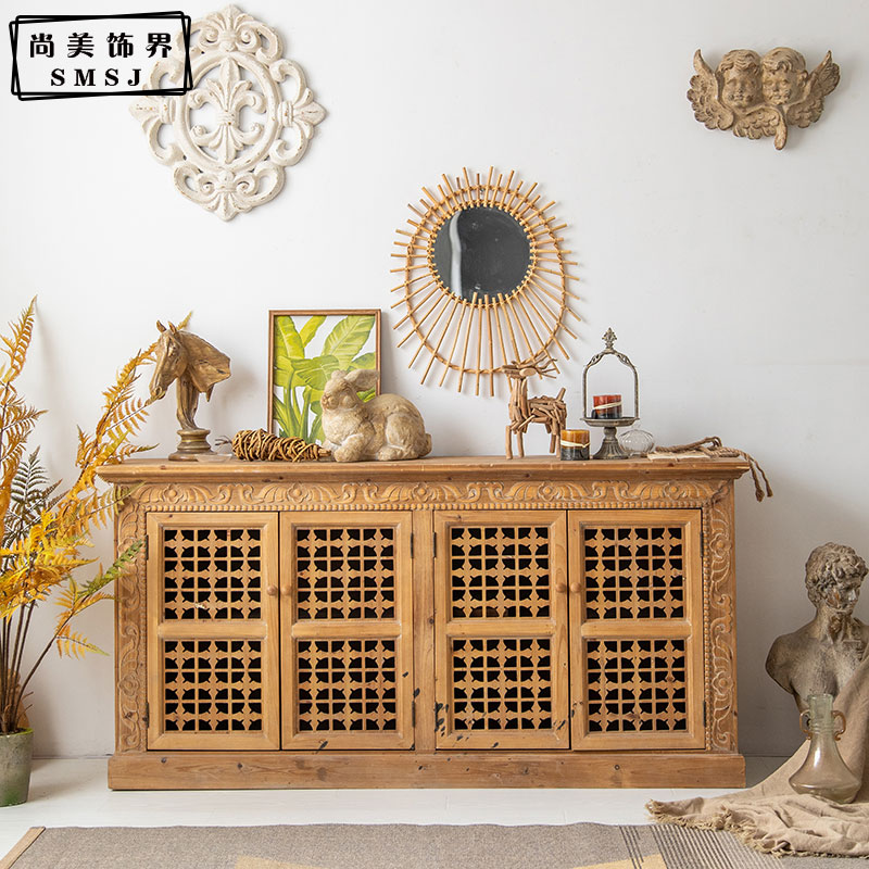 Retro American Solid Wood Sideboard Carved Entrance Cabinet Entrance Cabinet Old Storage Cabinet Homestay Decoration Locker