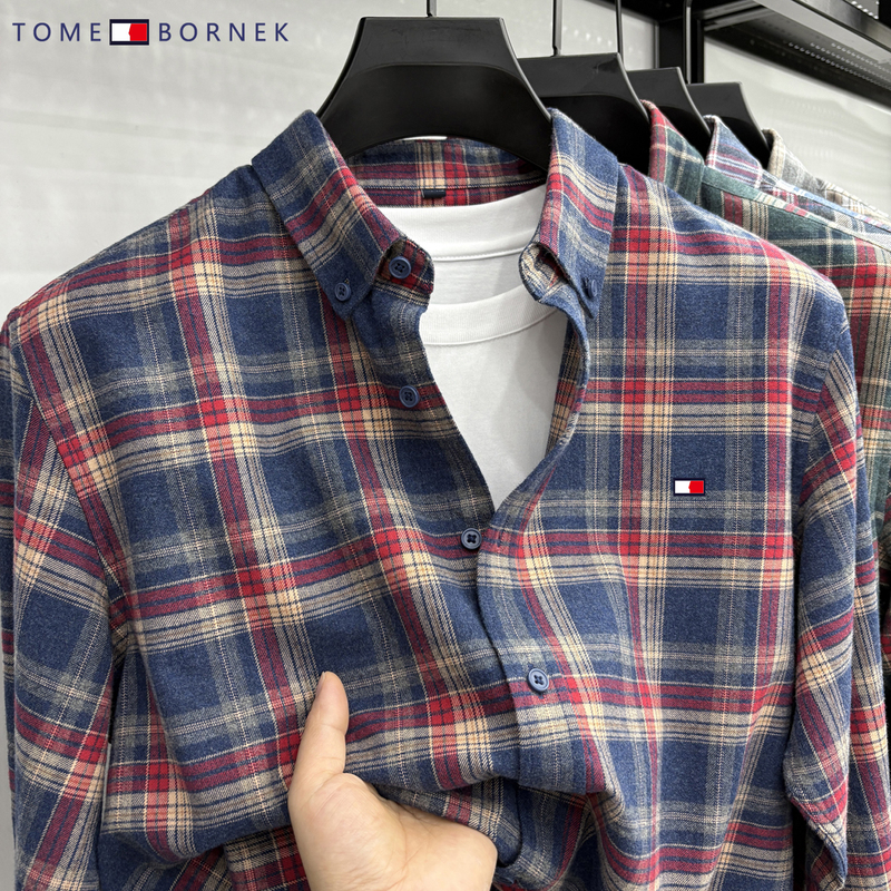 Tommy Xikaili 100% Pure Cotton Plaid Shirt for Men, Long-Sleeved, Autumn Fashion, Color-Blocking, Casual Men's Clothing, Brushed Shirt Tommy Xikaili 100% Pure Cotton Plaid Shirt for Men, Long-Sleeved, Autumn Fashion, Color-Blocking, Casual Men's Clothing, Brushed Shirt