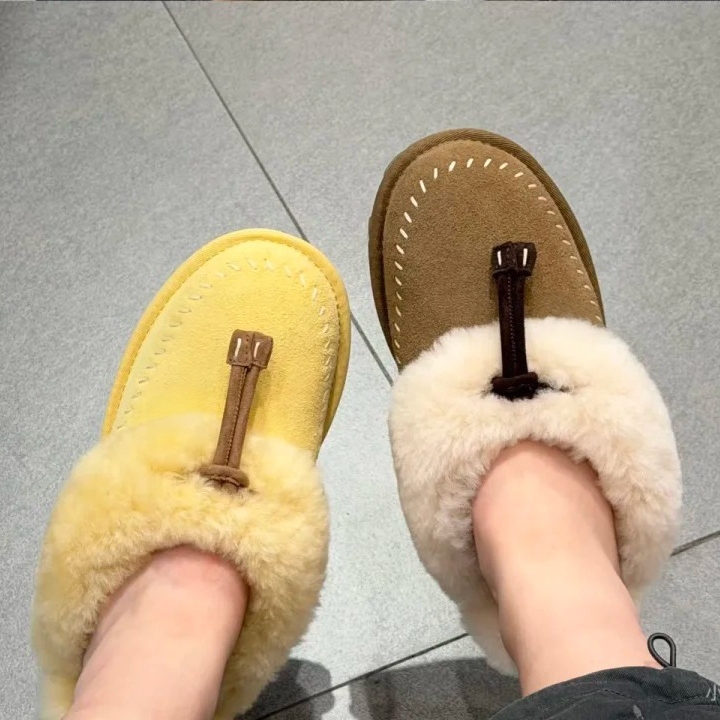 Sanpo Leather and Fur Integrated Autumn New Style Women's Comfortable Flat Round-Toe Slip-On Loafers with Fur Slippers
