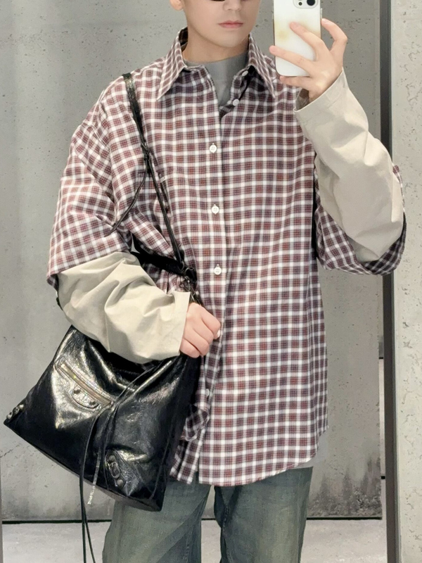 26Ss New Logo Embroidered Plaid Shirt with Fake Two-Piece Design, Loose and Casual Unisex Top