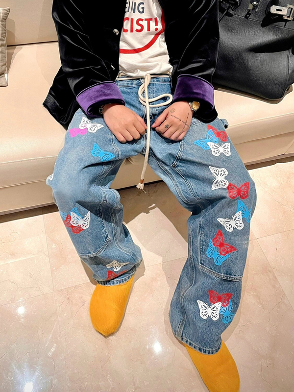 American Retro Washed Distressed Foam Print Colorful Butterfly Double-Knee Lumberjack Work Pants Straight-Leg Jeans