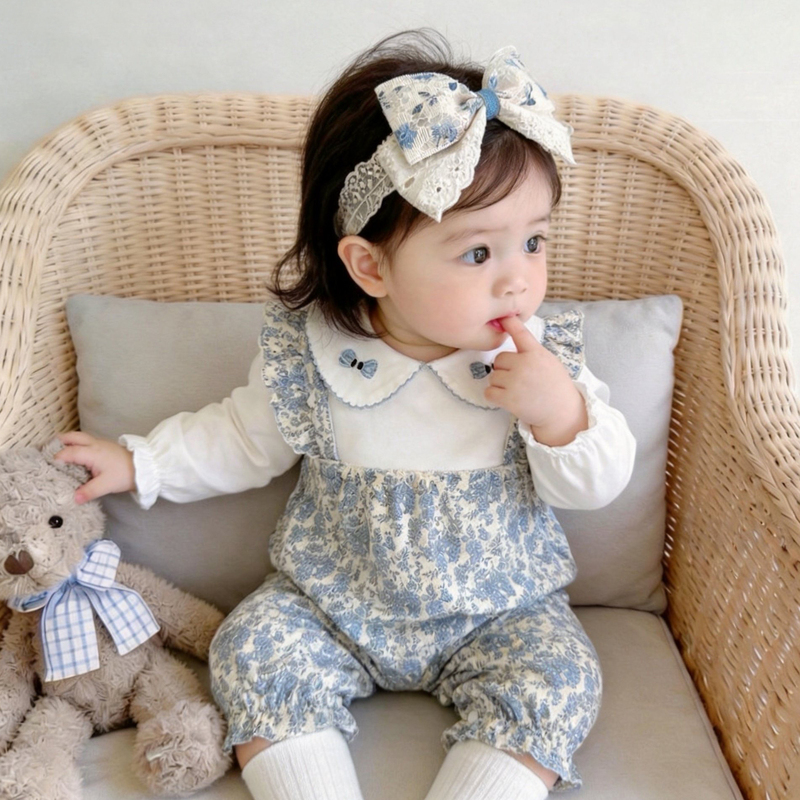 One Hundred-Day-Old Baby Girl Floral Romper Spring and Autumn Korean Style Sweet Doll Collar Infant Princess Outing Outfit Jumpsuit