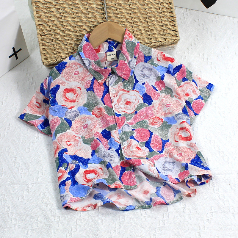 Children's Shirts, Boys' Short-Sleeved Shirts, Thin Cardigans, Summer Tops for Small and Medium-Sized Children, Loose Jackets, Cotton Silk, Cactus