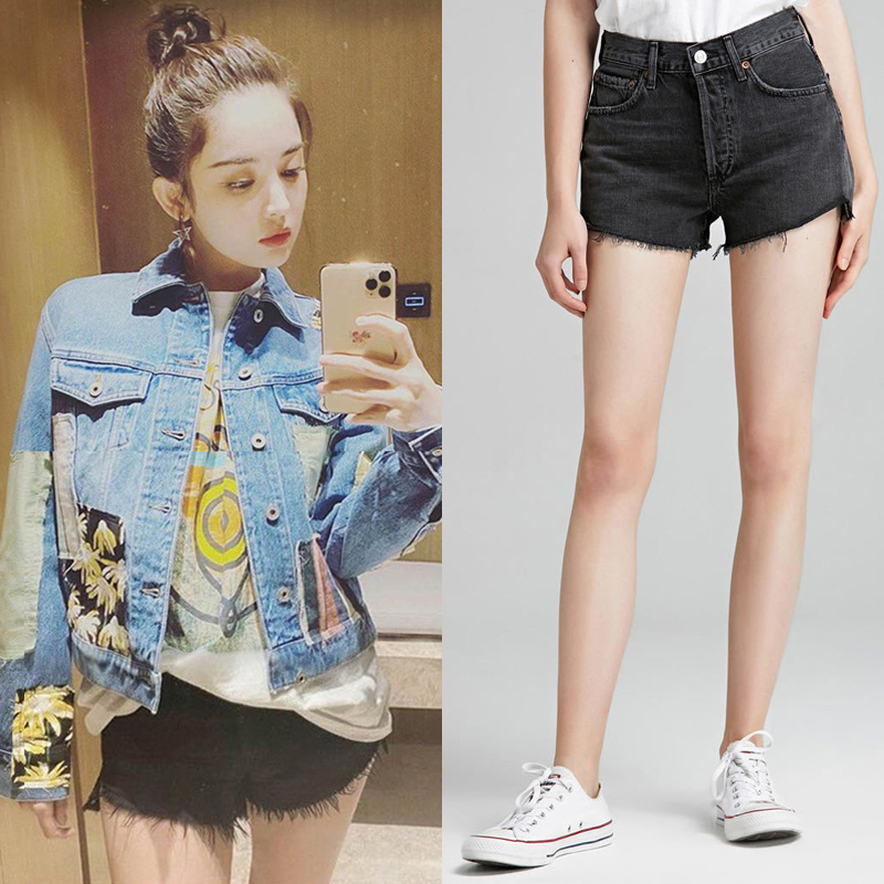 European and American Summer New Style Agolde Gulinaza Same Style High-Waisted Slimming Step Hem Frayed Denim Shorts for Women
