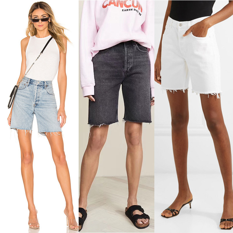 European and American Summer Ag Five-Point Pants, Slimming High-Waisted Straight-Leg Frayed Thin Wide-Leg Boyfriend-Style Retro Jeans for Women