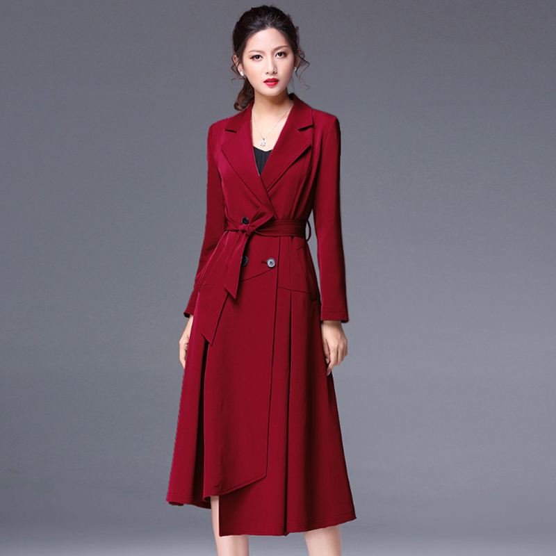 女士风衣女中长款韩版春季2018新款 红色外套