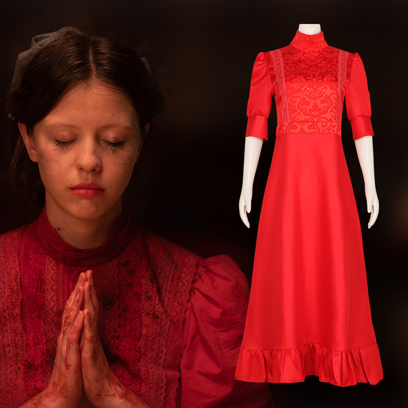 Pearl Red Dress Cosplay Costume Horror Movie Heroine Pearl Red Dress Costume Halloween Performance Costume Pearl Red Dress Cosplay Costume Horror Movie Heroine Pearl Red Dress Costume Halloween Performance Costume