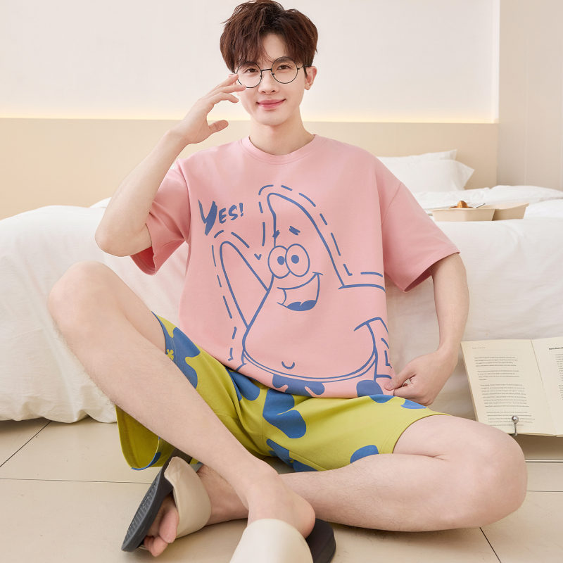 Summer Pure Cotton Pajamas for Men, Short-Sleeved Cartoon Star Pattern, Thin Style, Large Size, Teenagers, Junior High School Students Set