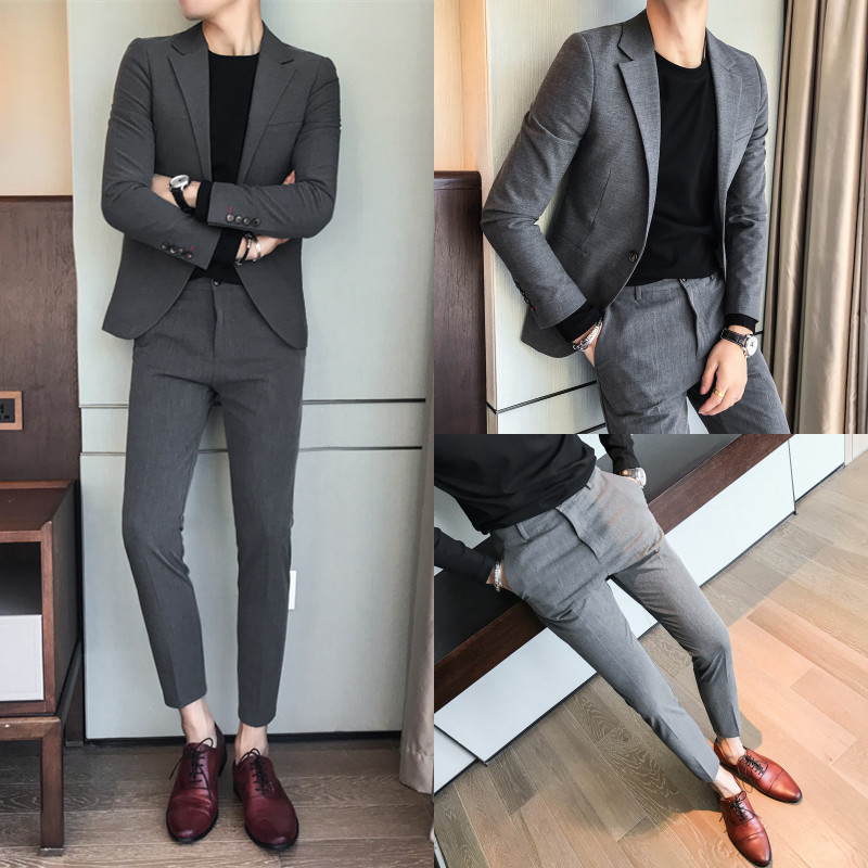 Autumn and winter new men's suit Korean slim-fit dress trend handsome wedding groom suit two-piece suit