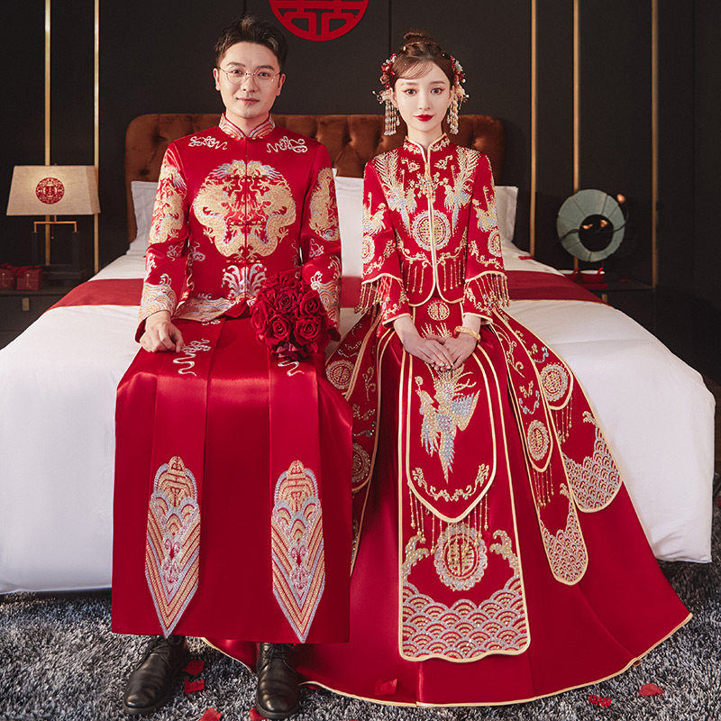 Show He Dress 2022 Bride New Couple Set Wedding Women's Chinese Dress Out Pavilion Dress Wedding Dress 2021 Show Kimono