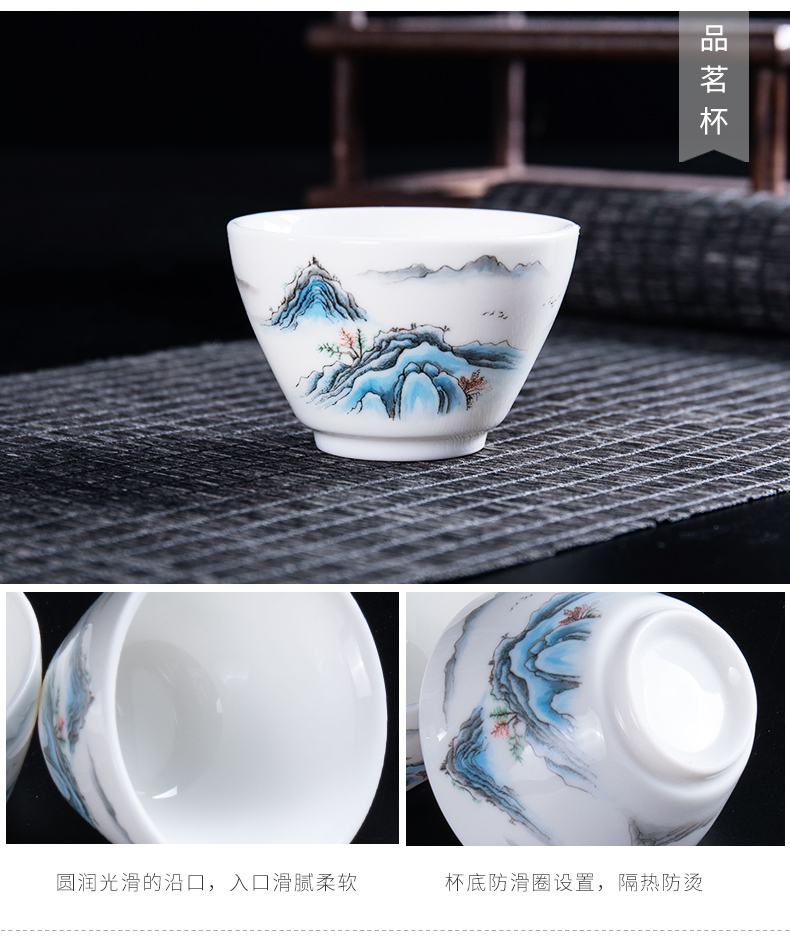 Ronkin dehua hand - made white porcelain kung fu tea set tureen suet jade teapot household ceramic cups