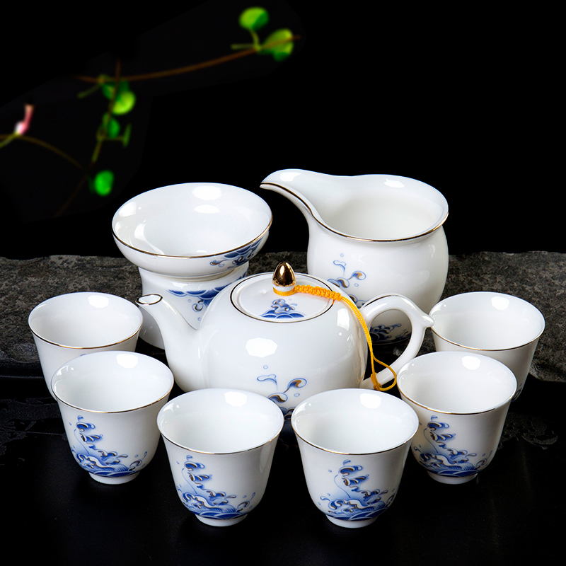 Ronkin dehua white porcelain tea kungfu tea set of household ceramic tea jade porcelain cups of a complete set of the teapot