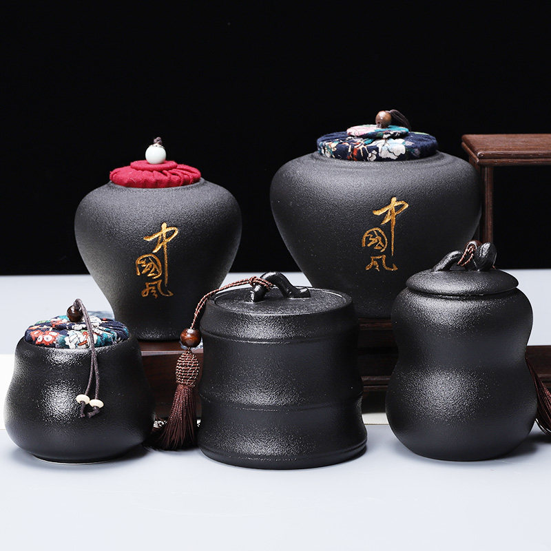 Tea pot ceramic sealed pot moisture-proof large portable household storage tea pot tea Pu'er tea box black pottery tea pot