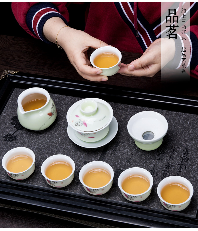 Ronkin dehua white porcelain tea set meal hand - made household contracted tureen tea kungfu tea cups
