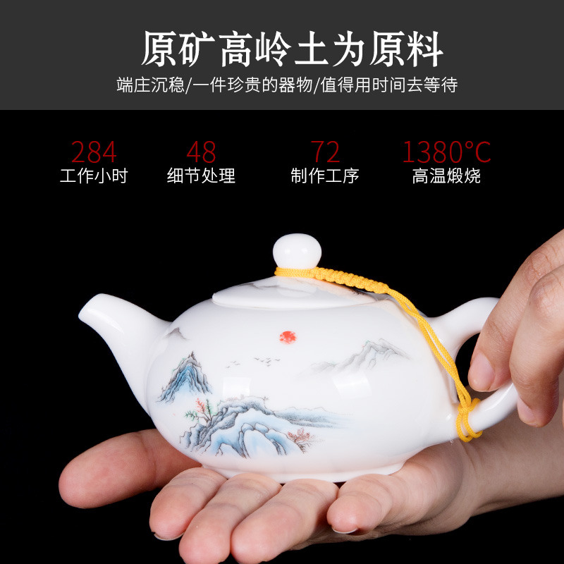 Ronkin dehua hand - made white porcelain kung fu tea set tureen suet jade teapot household ceramic cups