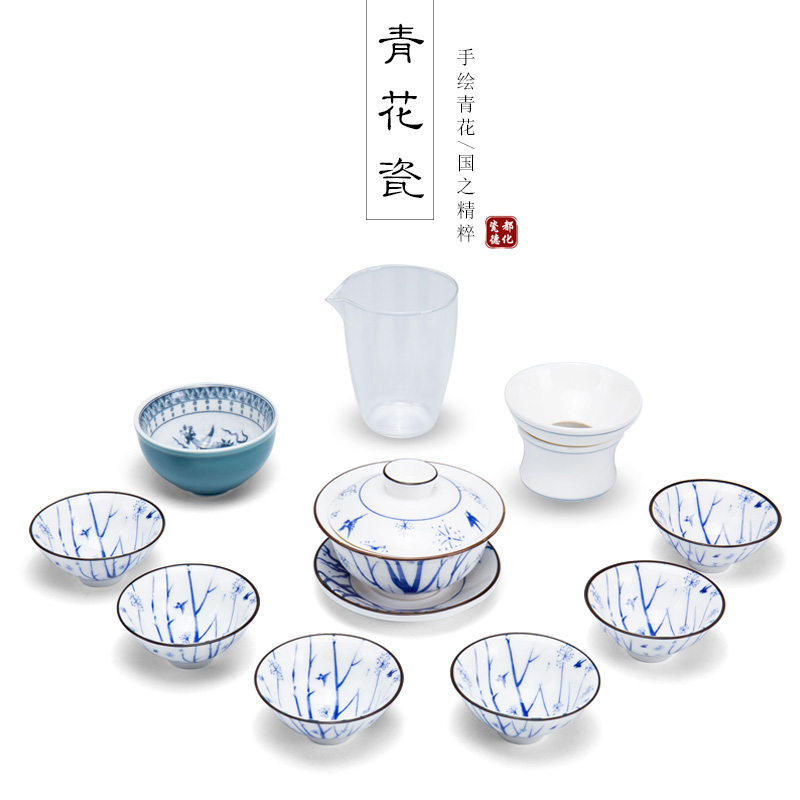 Ronkin blue and white porcelain tea set ceramic checking kung fu tea set the whole household tea teapot teacup
